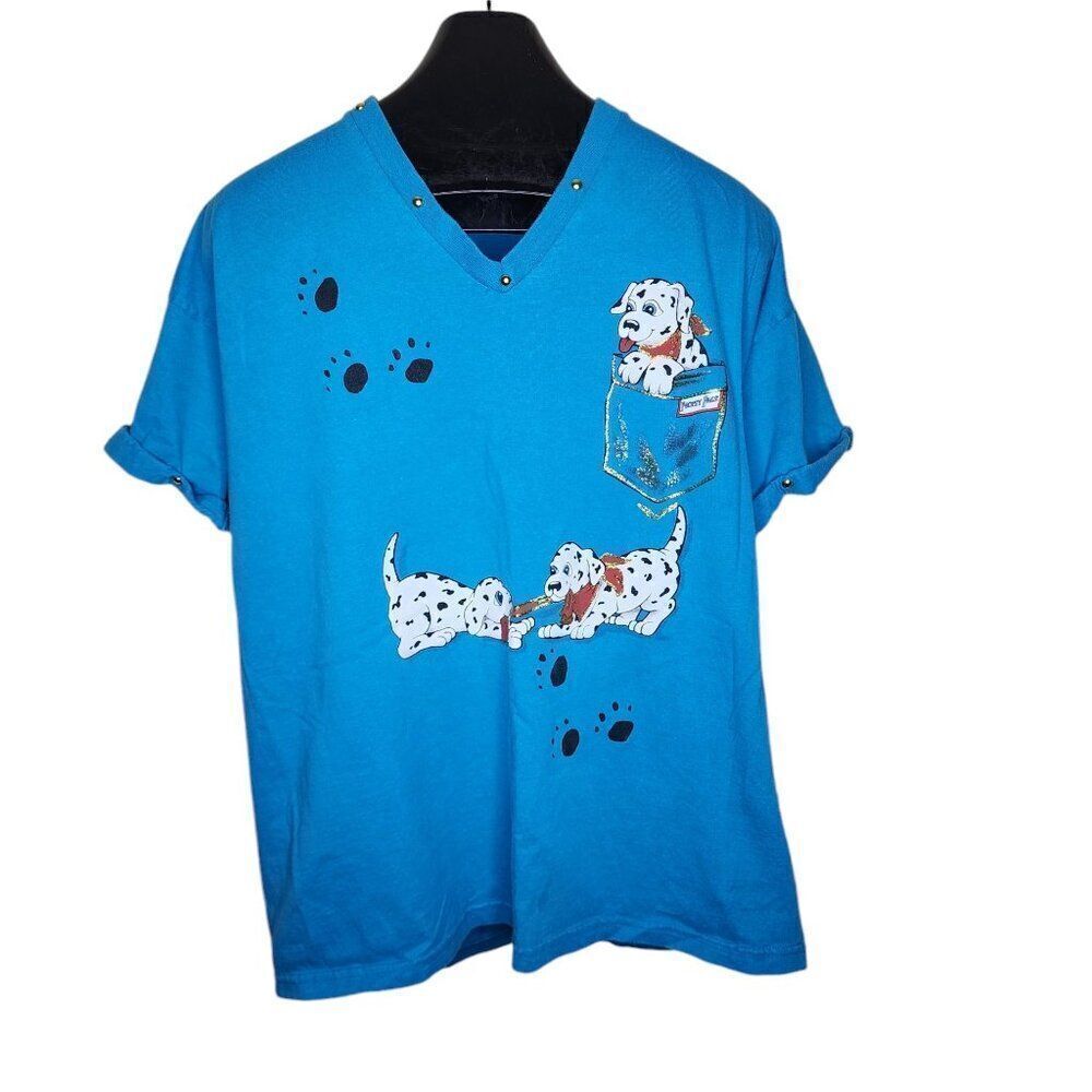 Vintage 80s VNeck Dalmation Tshirt Womens XL Blue Roll Sleeve